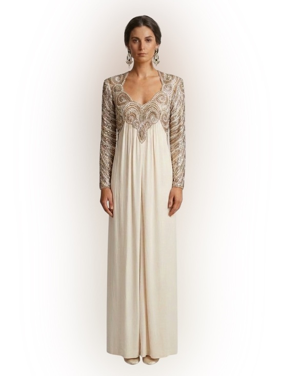 Dresses & Skirts - Vintage Ivory Gold Beaded Sequin Maxi Dress Long Sleeve Keyhole Formal Gown